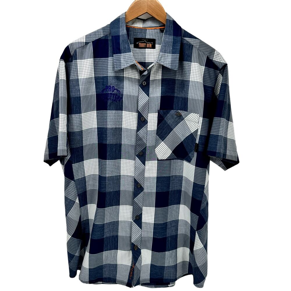 Orvis Shirt Mens Large Trout Bum Blue White Plaid Short Sleeve Pro Outfitters MT
